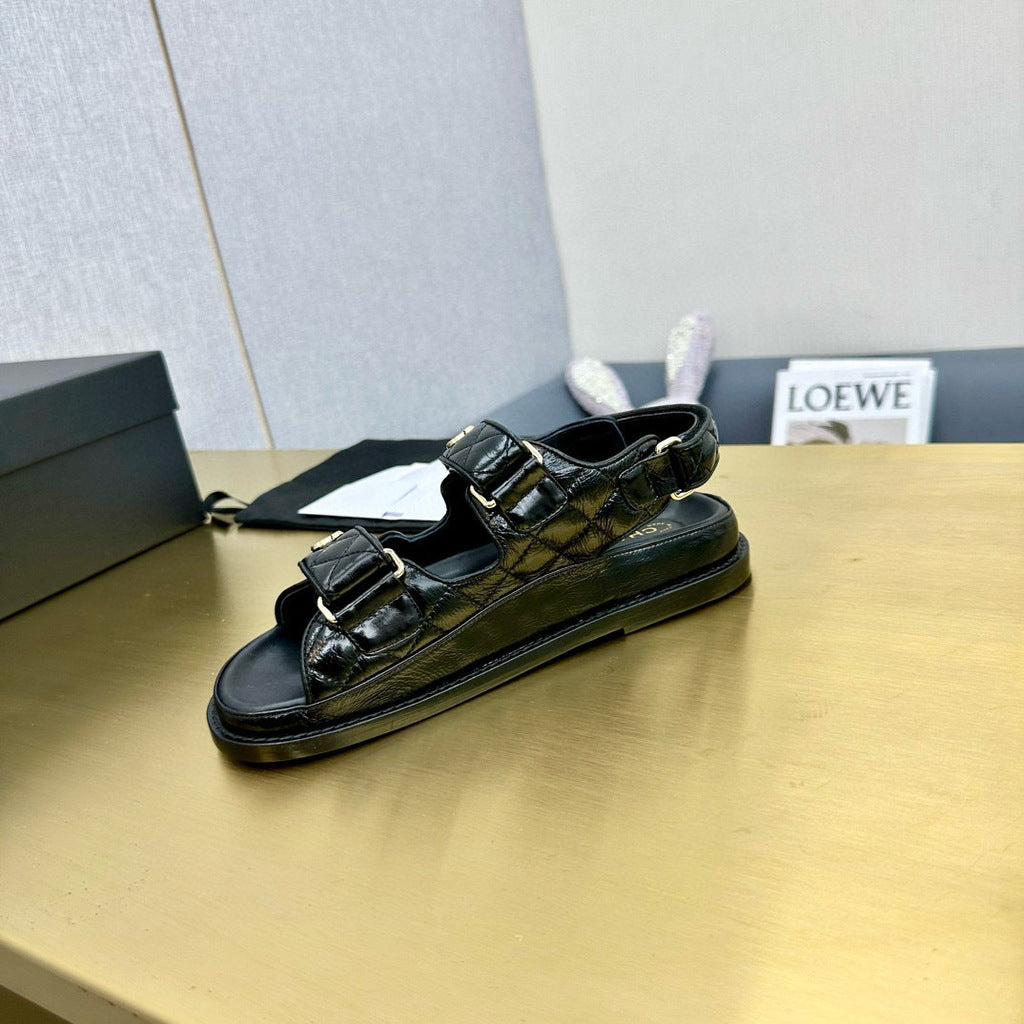 CHANEL Grained Calfskin Velcro Dad Sandals