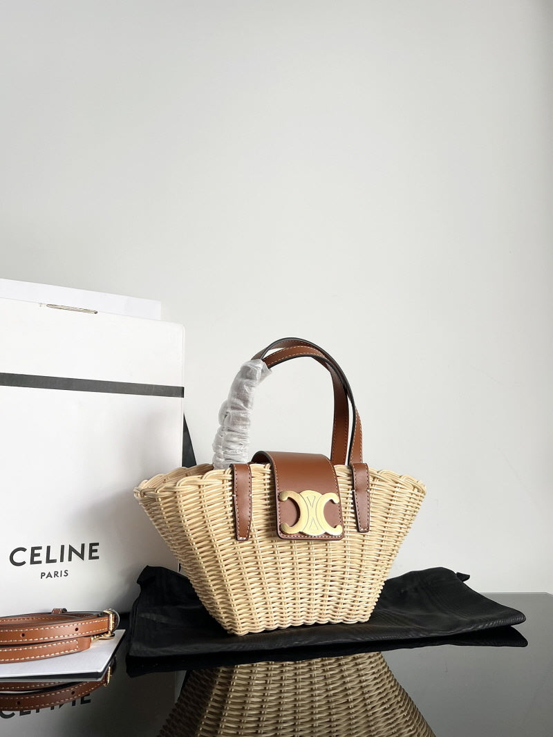 CLASSIC PANIER BOLSA CELINE CESTA TEEN em PALHA E COURO