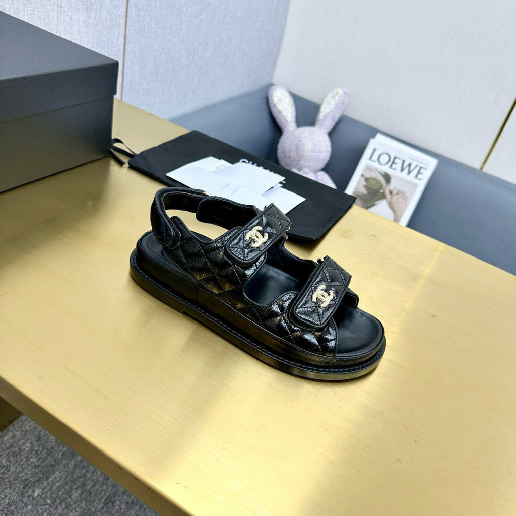 CHANEL Grained Calfskin Velcro Dad Sandals