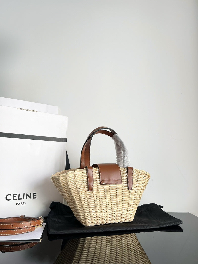 CLASSIC PANIER BOLSA CELINE CESTA TEEN em PALHA E COURO