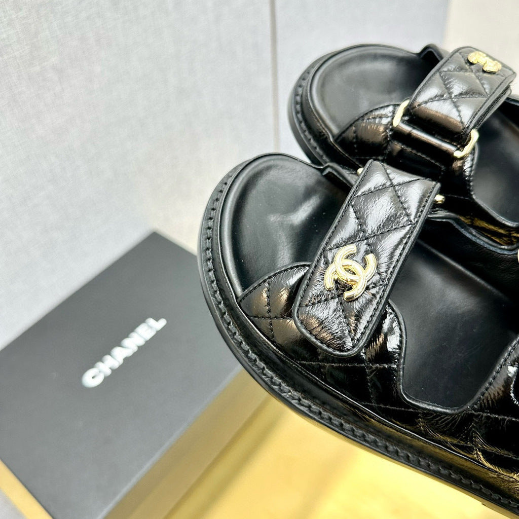 CHANEL Grained Calfskin Velcro Dad Sandals