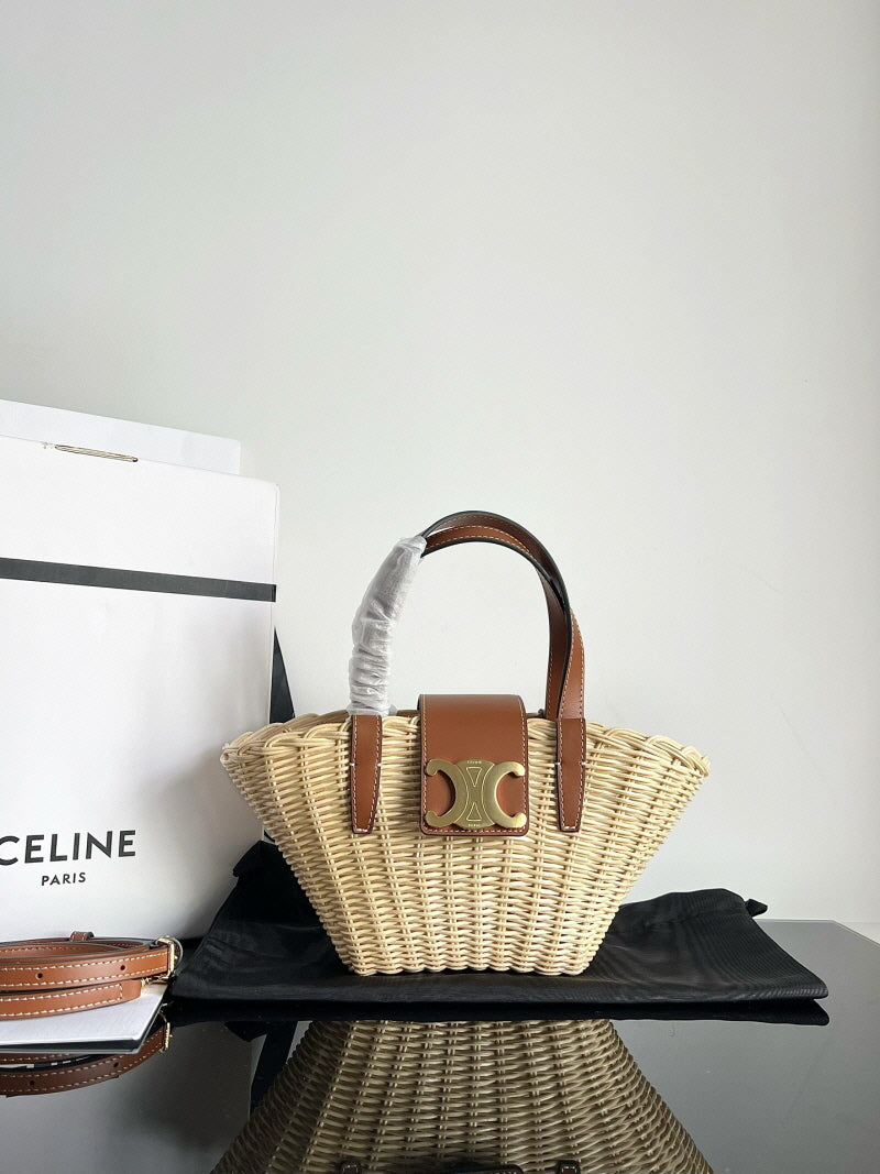 CLASSIC PANIER BOLSA CELINE CESTA TEEN em PALHA E COURO