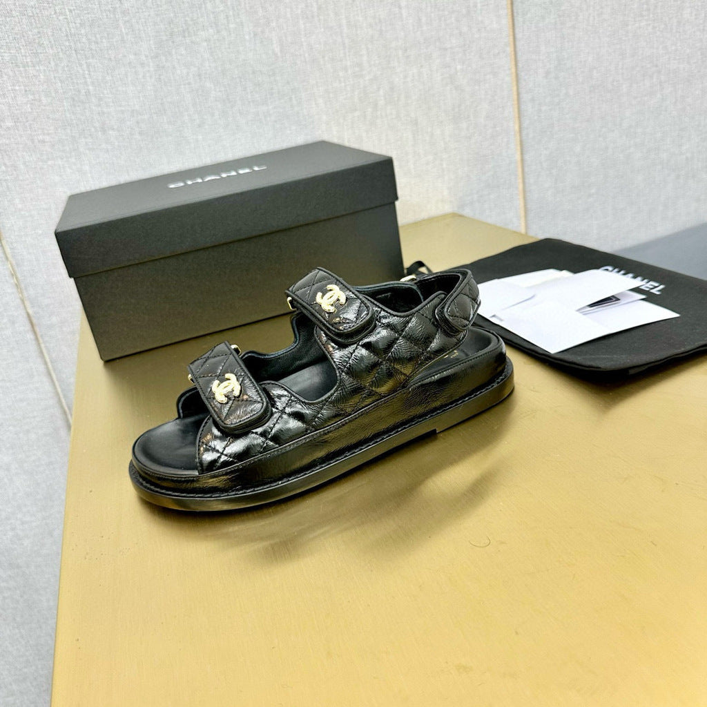 CHANEL Grained Calfskin Velcro Dad Sandals