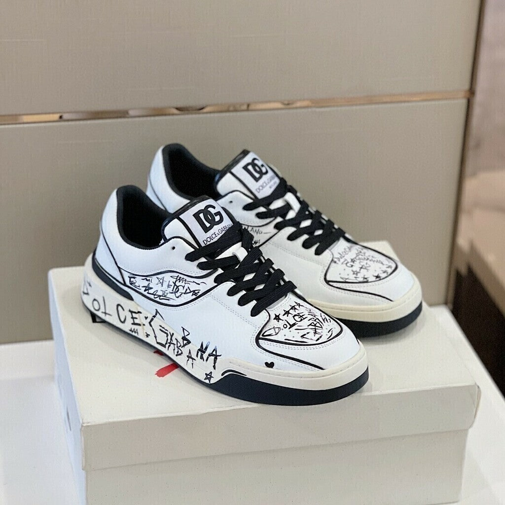 DOLCE &amp; GABBANA White New Roma Graffiti Print Leathe