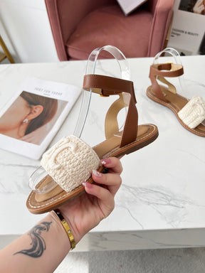 CELINE LYMPIA SANDAL in TRIOMPHE MACCRAMÉ COTTON &amp; CALFSKIN