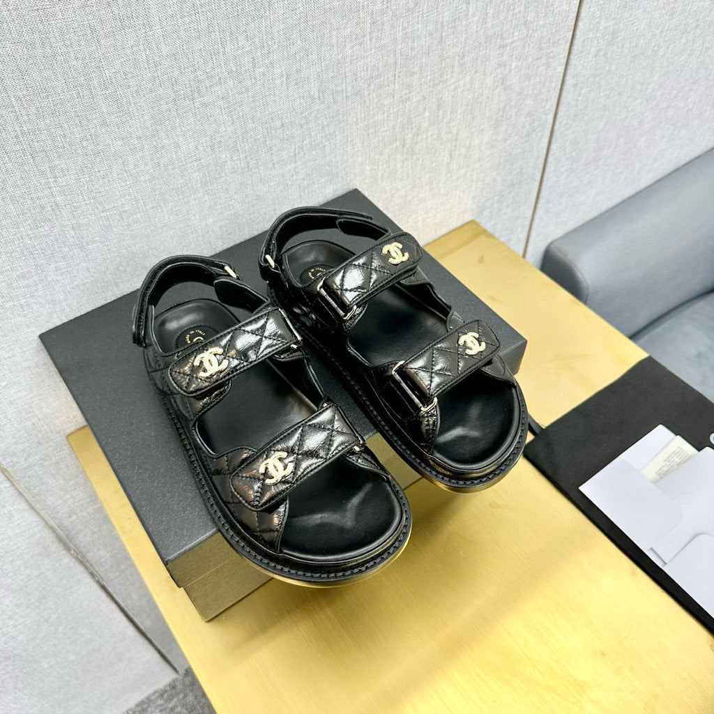 CHANEL Grained Calfskin Velcro Dad Sandals