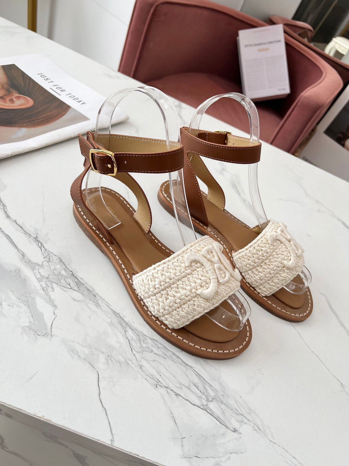 CELINE LYMPIA SANDAL in TRIOMPHE MACCRAMÉ COTTON &amp; CALFSKIN