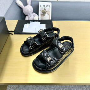 CHANEL Grained Calfskin Velcro Dad Sandals