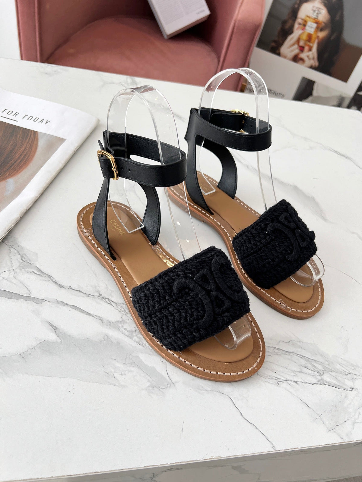CELINE LYMPIA SANDAL in TRIOMPHE MACCRAMÉ COTTON &amp; CALFSKIN