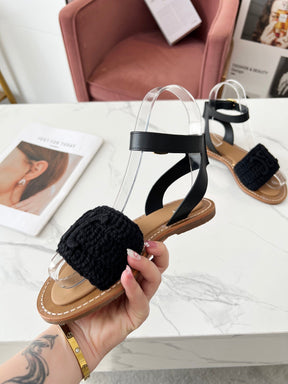 CELINE LYMPIA SANDAL in TRIOMPHE MACCRAMÉ COTTON &amp; CALFSKIN
