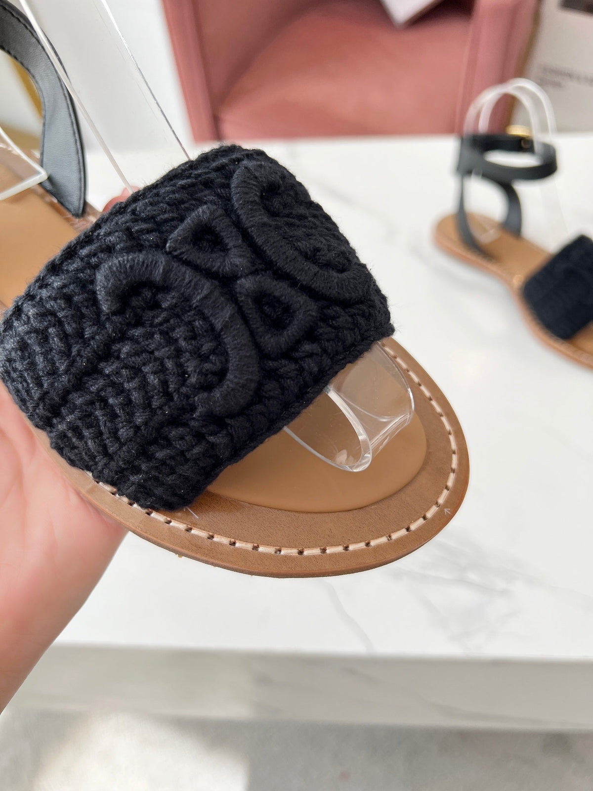 CELINE LYMPIA SANDAL in TRIOMPHE MACCRAMÉ COTTON &amp; CALFSKIN